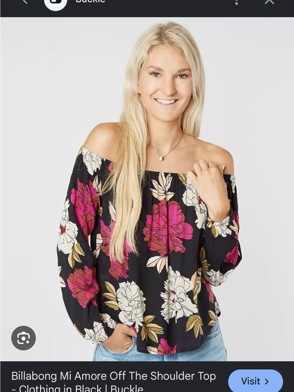 NWT Billabong Black Floral Off-Shoulder Top with Fuchsia and Cream Blooms